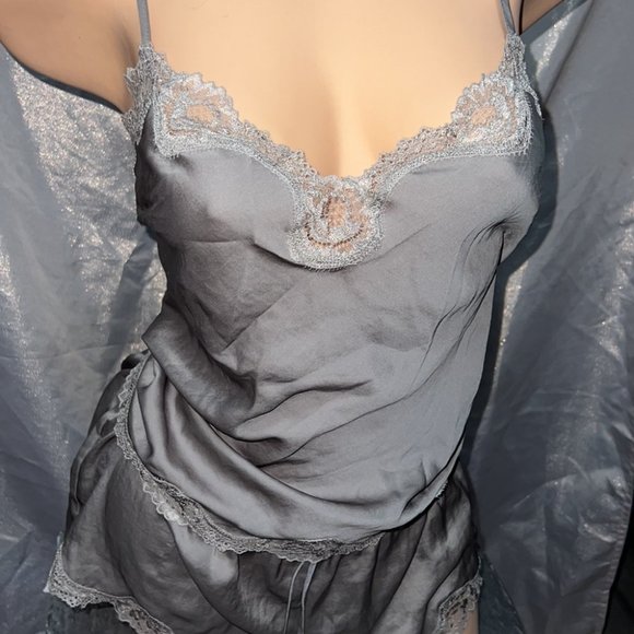 Victoria secret 2 piece pj set silk satin green grey lace sexy y2k vintage tank - Picture 3 of 10